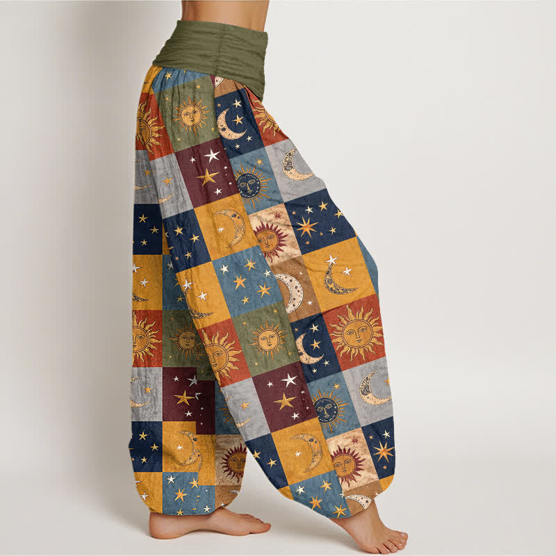 Buddha Stones Pantalon harem femme en coton à motif patchwork soleil et lune, taille élastique - image 1