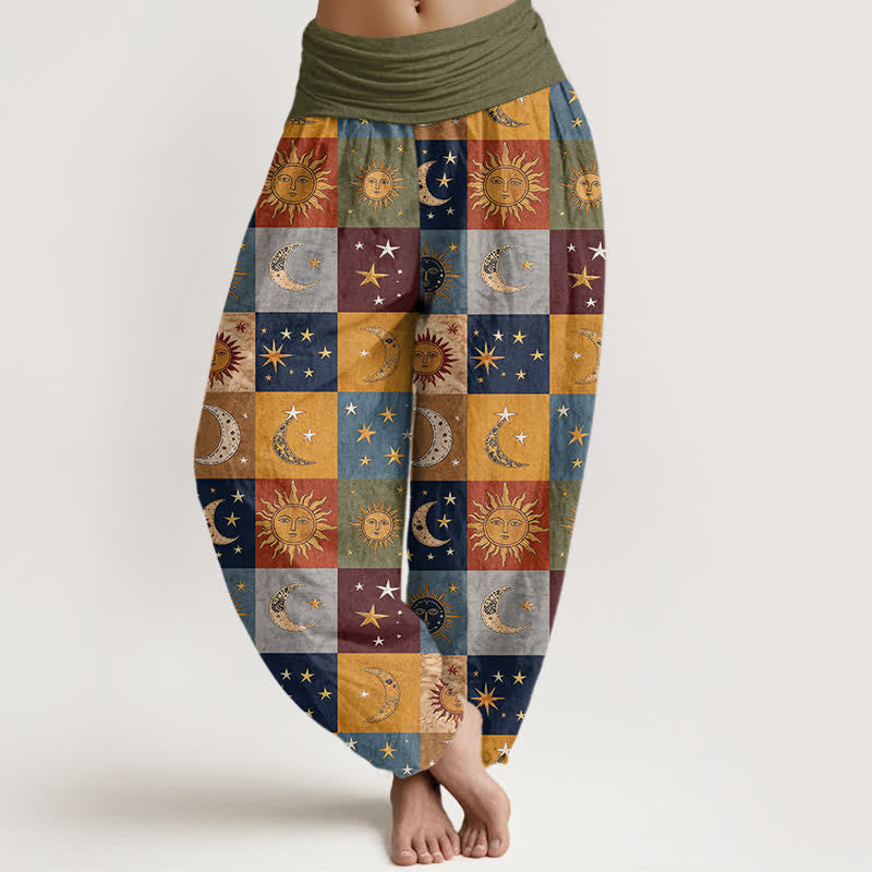 Buddha Stones Pantalon harem femme en coton à motif patchwork soleil et lune, taille élastique - Olive - US16，UK/AU20，EU48 (3XL) - image 0