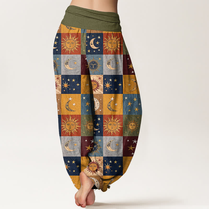 Buddha Stones Pantalon harem femme en coton à motif patchwork soleil et lune, taille élastique - image 2