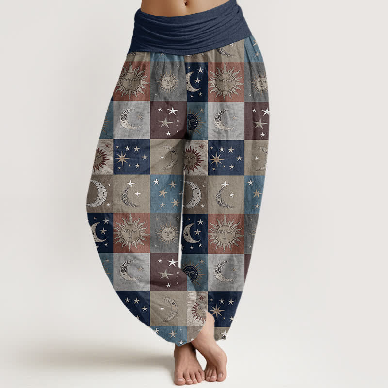 Buddha Stones Pantalon harem femme en coton à motif patchwork soleil et lune, taille élastique - Marine - US16，UK/AU20，EU48 (3XL) - image 5
