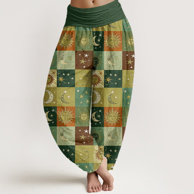 Buddha Stones Pantalon harem femme en coton à motif patchwork soleil et lune, taille élastique - Vert d'eau - US16，UK/AU20，EU48 (3XL) - image 8
