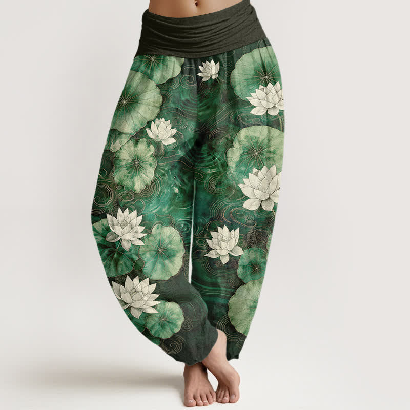 Buddha Stones Pantalon harem à taille élastique pour femme, motif étang de lotus en coton - Vert d'eau - US16，UK/AU20，EU48 (3XL) - image 0