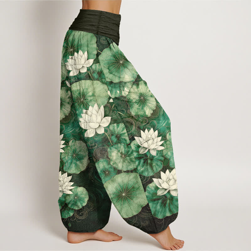 Buddha Stones Pantalon harem à taille élastique pour femme, motif étang de lotus en coton - image 1