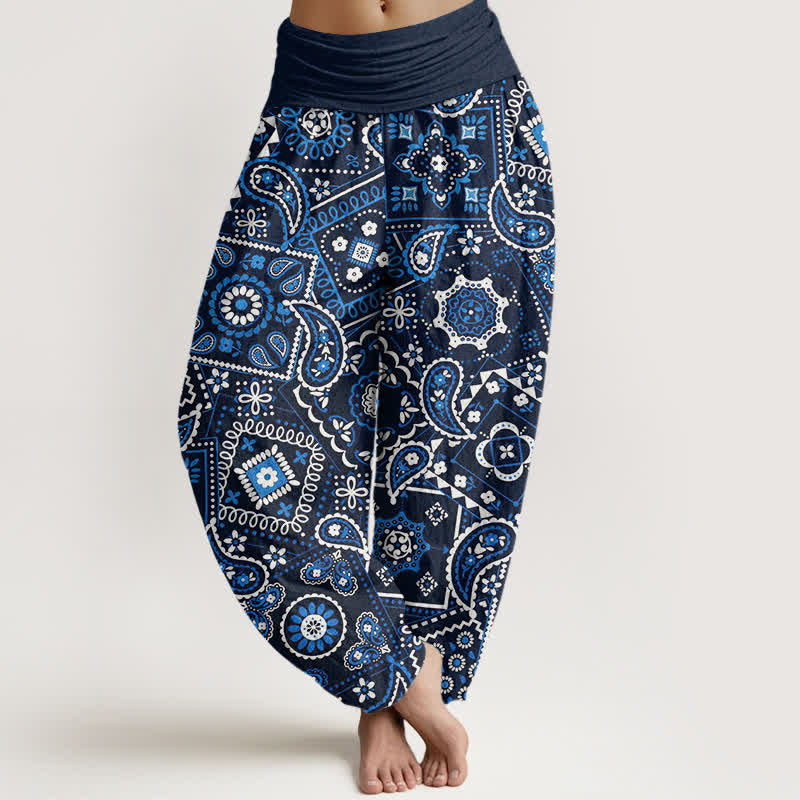 Buddha Stones Pantalon harem à taille élastique pour femme, motif patchwork cachemire en coton - Marine - US16，UK/AU20，EU48 (3XL) - image 0
