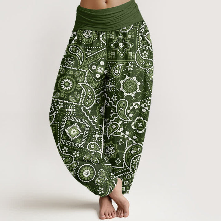 Buddha Stones Pantalon harem à taille élastique pour femme, motif patchwork cachemire en coton - Vert olive foncé - US16，UK/AU20，EU48 (3XL) - image 5