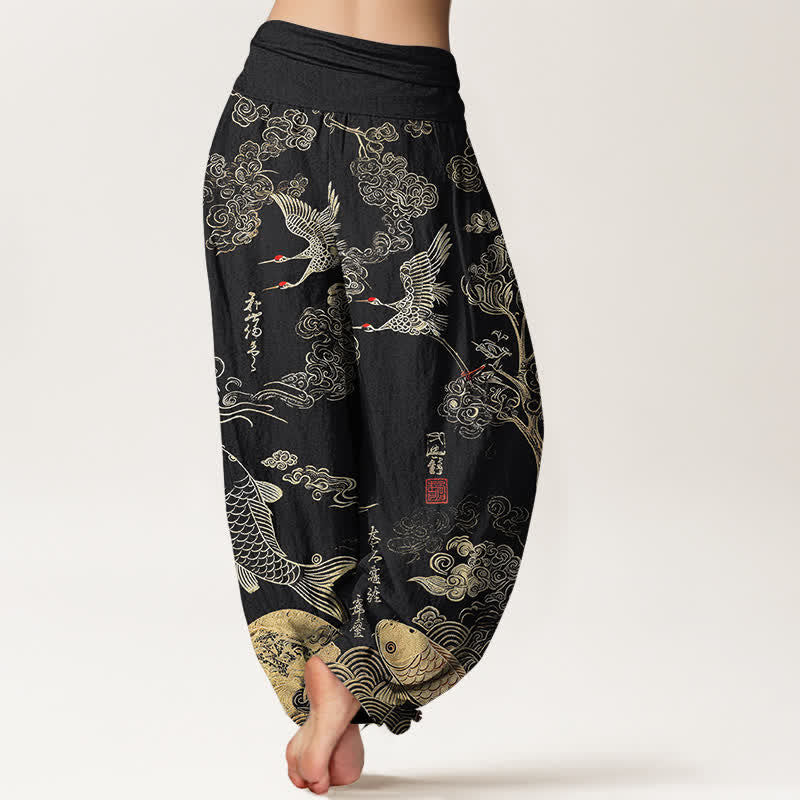 Buddha Stones Pantalon harem à taille élastique pour femme, motif grues, carpes koï et nuages - image 2