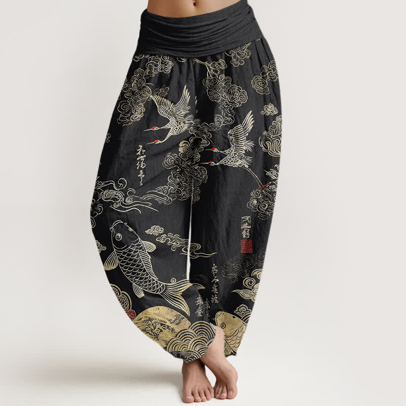 Buddha Stones Pantalon harem à taille élastique pour femme, motif grues, carpes koï et nuages - Noir - US16，UK/AU20，EU48 (3XL) - image 0