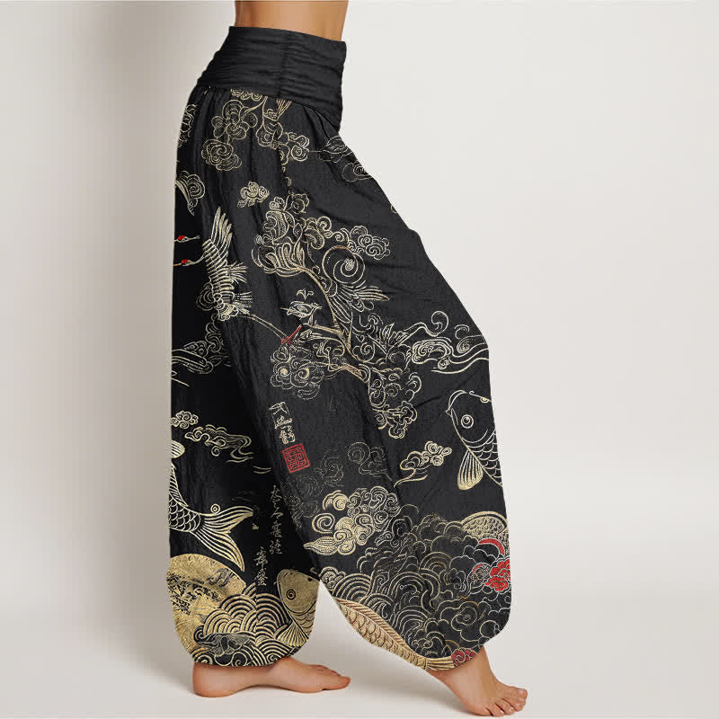 Buddha Stones Pantalon harem à taille élastique pour femme, motif grues, carpes koï et nuages - image 1