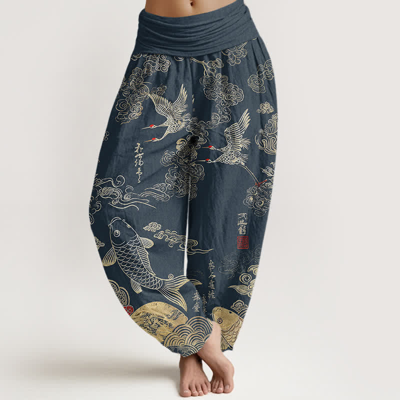 Buddha Stones Pantalon harem à taille élastique pour femme, motif grues, carpes koï et nuages - SteelBlue - US16，UK/AU20，EU48 (3XL) - image 5