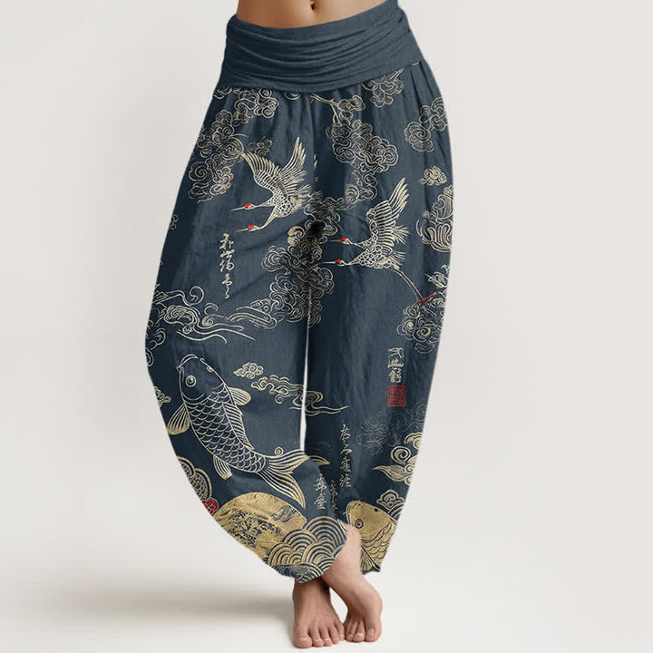 Buddha Stones Pantalon harem à taille élastique pour femme, motif grues, carpes koï et nuages - SteelBlue - US16，UK/AU20，EU48 (3XL) - image 5