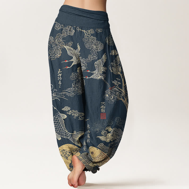 Buddha Stones Pantalon harem à taille élastique pour femme, motif grues, carpes koï et nuages - image 7