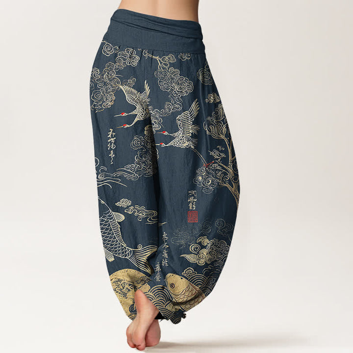 Buddha Stones Pantalon harem à taille élastique pour femme, motif grues, carpes koï et nuages - image 7