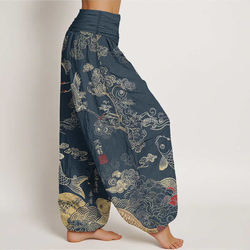 Buddha Stones Pantalon harem à taille élastique pour femme, motif grues, carpes koï et nuages - image 6