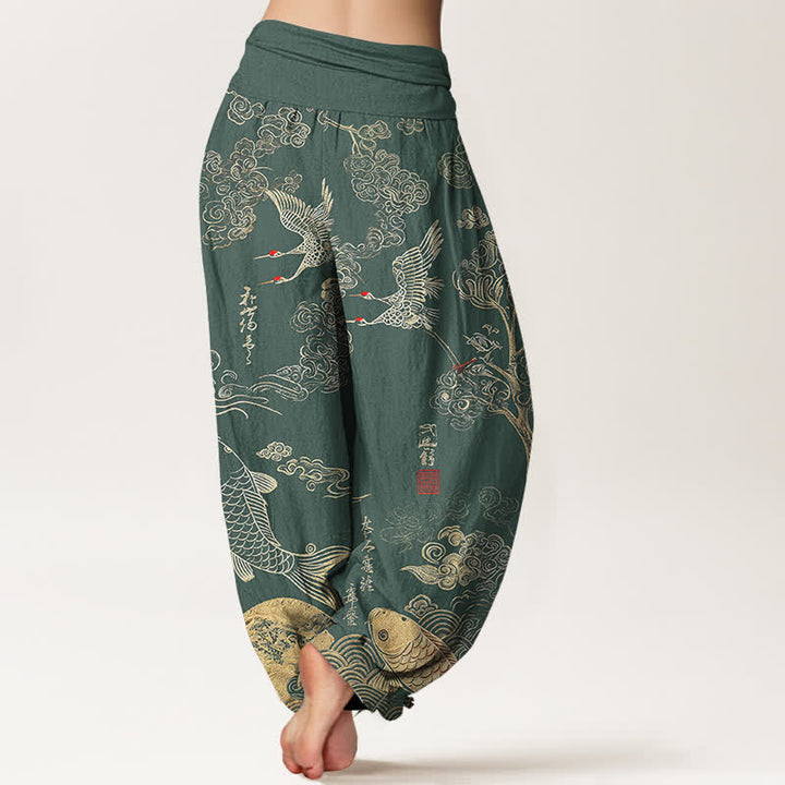 Buddha Stones Pantalon harem à taille élastique pour femme, motif grues, carpes koï et nuages - image 10