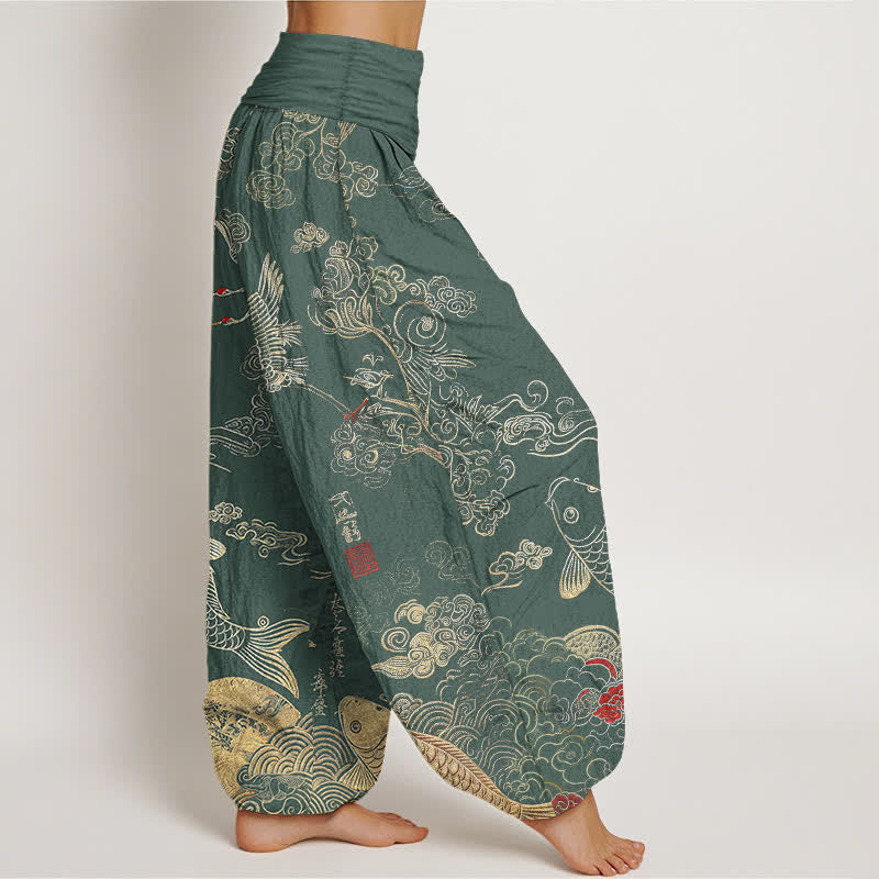 Buddha Stones Pantalon harem à taille élastique pour femme, motif grues, carpes koï et nuages - image 9