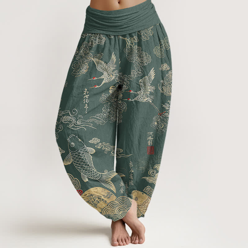 Buddha Stones Pantalon harem à taille élastique pour femme, motif grues, carpes koï et nuages - Vert d'eau - US16，UK/AU20，EU48 (3XL) - image 8