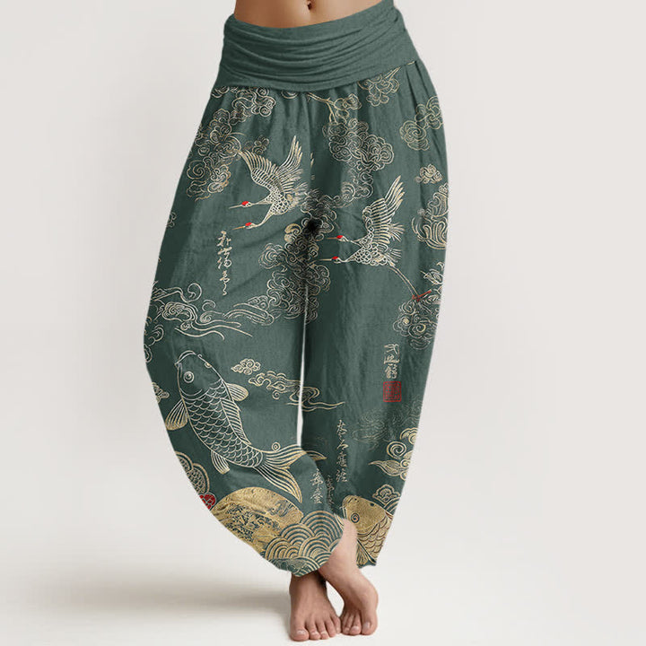 Buddha Stones Pantalon harem à taille élastique pour femme, motif grues, carpes koï et nuages - Vert d'eau - US16，UK/AU20，EU48 (3XL) - image 8