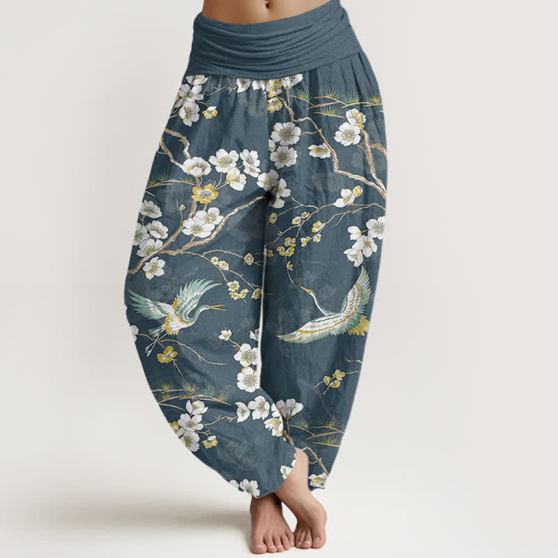 Buddha Stones Pantalon harem à taille élastique pour femme, en coton blanc à motif de grues fleuries - CadetBlue - US16，UK/AU20，EU48 (3XL) - image 0