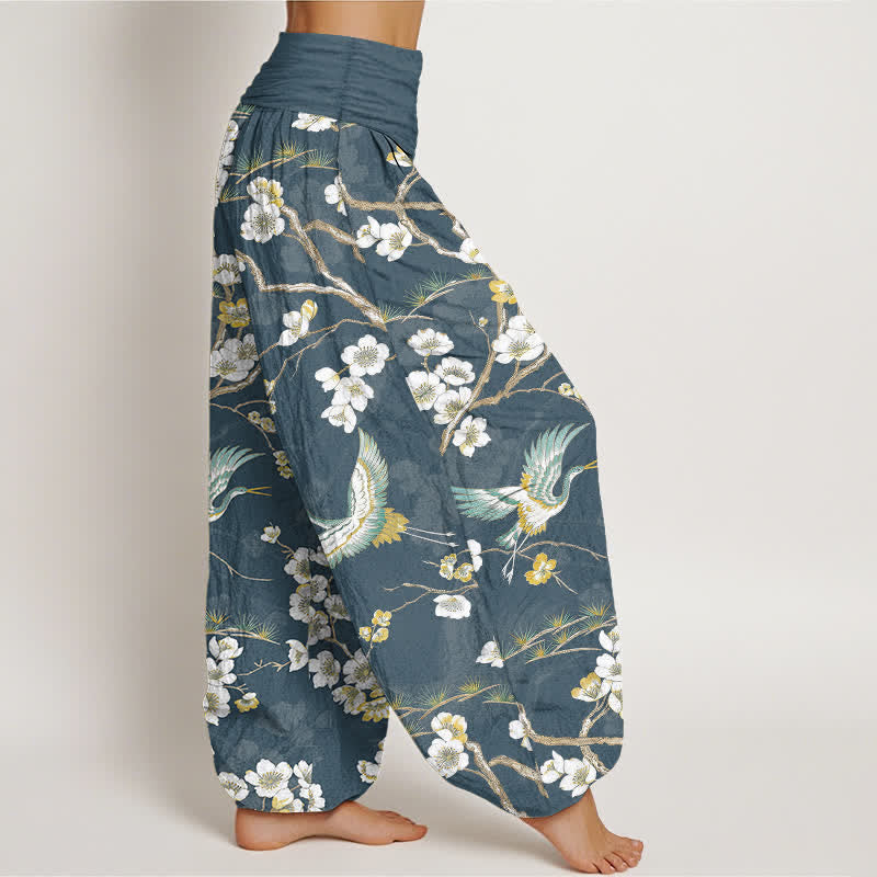 Buddha Stones Pantalon harem à taille élastique pour femme, en coton blanc à motif de grues fleuries - image 1