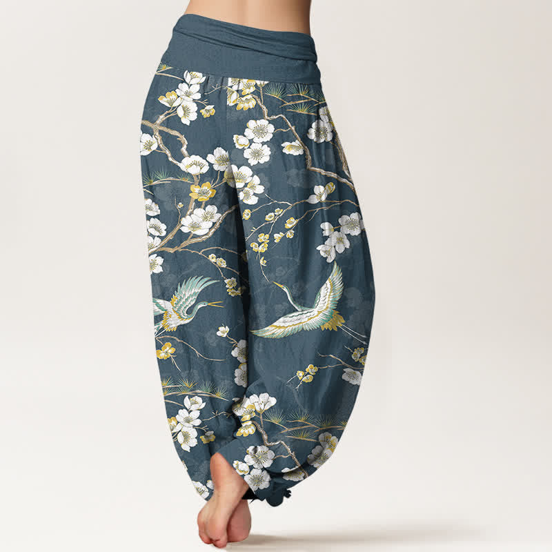 Buddha Stones Pantalon harem à taille élastique pour femme, en coton blanc à motif de grues fleuries - image 2