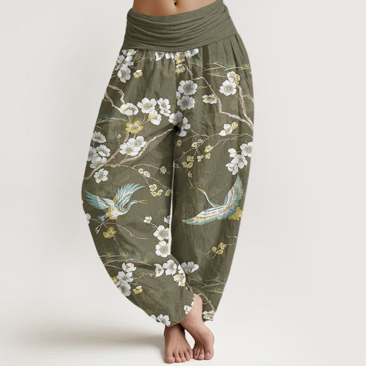 Buddha Stones Pantalon harem à taille élastique pour femme, en coton blanc à motif de grues fleuries - Vert olive - US16，UK/AU20，EU48 (3XL) - image 5