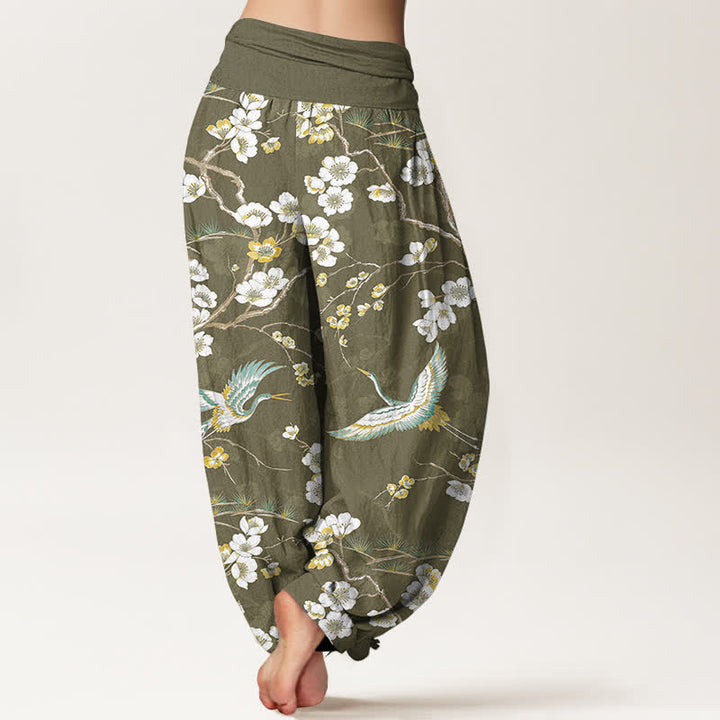 Buddha Stones Pantalon harem à taille élastique pour femme, en coton blanc à motif de grues fleuries - image 7