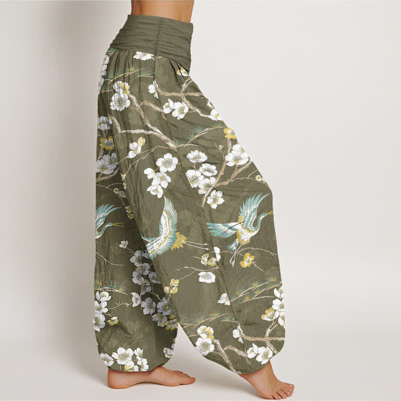 Buddha Stones Pantalon harem à taille élastique pour femme, en coton blanc à motif de grues fleuries - image 6