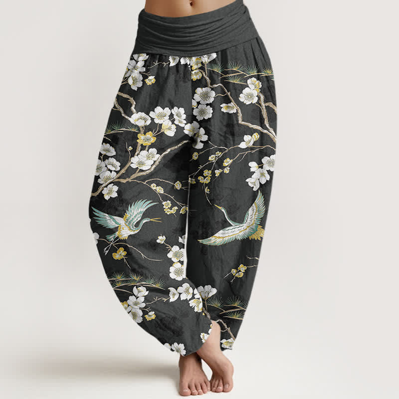 Buddha Stones Pantalon harem à taille élastique pour femme, en coton blanc à motif de grues fleuries - Noir - US16，UK/AU20，EU48 (3XL) - image 8