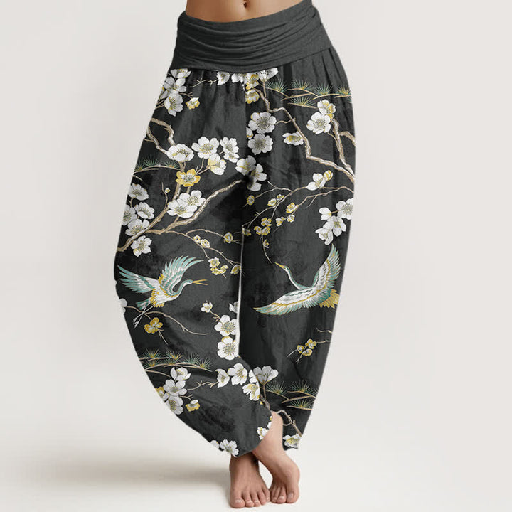 Buddha Stones Pantalon harem à taille élastique pour femme, en coton blanc à motif de grues fleuries - Noir - US16，UK/AU20，EU48 (3XL) - image 8