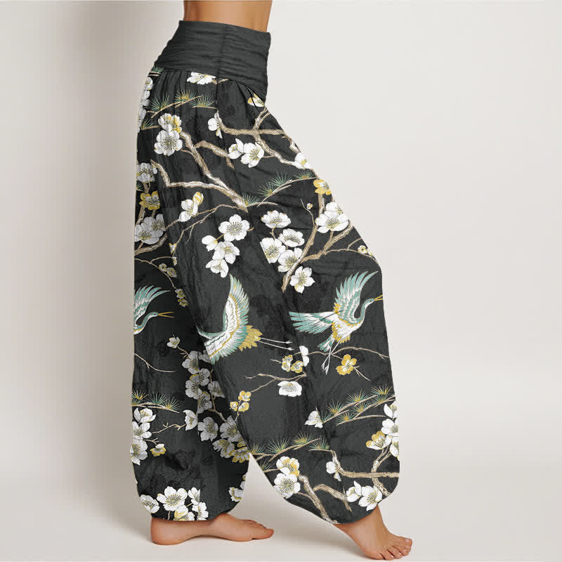 Buddha Stones Pantalon harem à taille élastique pour femme, en coton blanc à motif de grues fleuries - image 9
