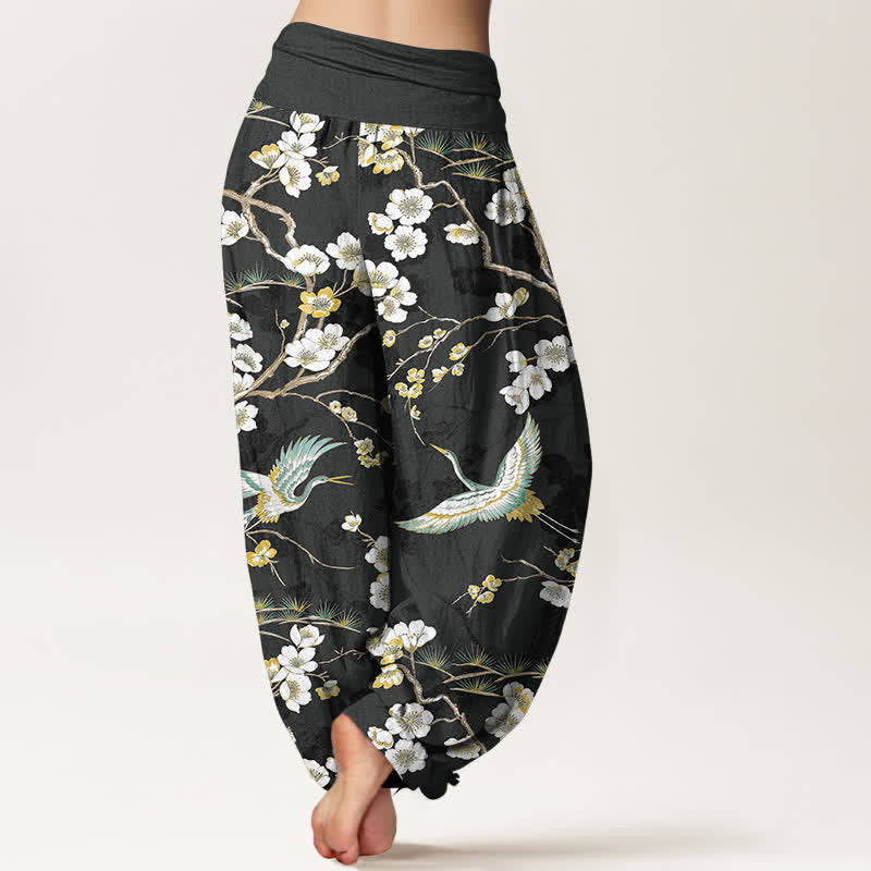 Buddha Stones Pantalon harem à taille élastique pour femme, en coton blanc à motif de grues fleuries - image 10