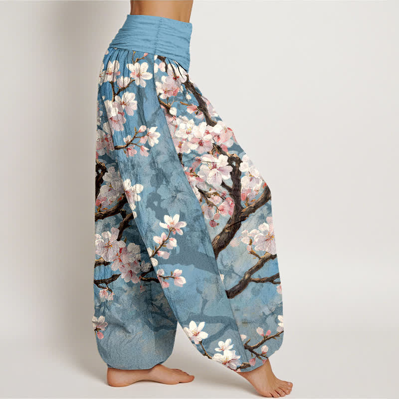 Buddha Stones Pantalon harem à taille élastique pour femme, en coton, motif branches de cerisier en fleurs - image 1