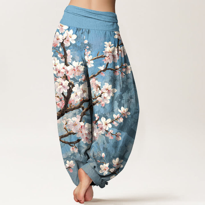 Buddha Stones Pantalon harem à taille élastique pour femme, en coton, motif branches de cerisier en fleurs - image 2
