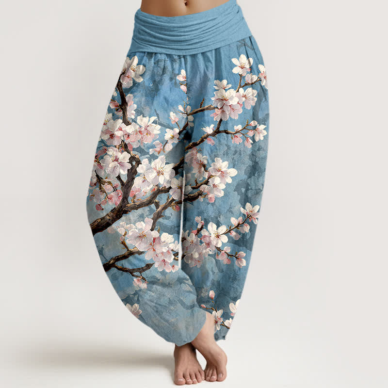 Buddha Stones Pantalon harem à taille élastique pour femme, en coton, motif branches de cerisier en fleurs - Bleu clair - US16，UK/AU20，EU48 (3XL) - image 0