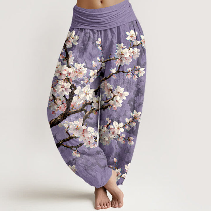 Buddha Stones Pantalon harem à taille élastique pour femme, en coton, motif branches de cerisier en fleurs - Lavande - US16，UK/AU20，EU48 (3XL) - image 5