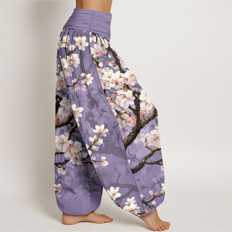 Buddha Stones Pantalon harem à taille élastique pour femme, en coton, motif branches de cerisier en fleurs - image 6
