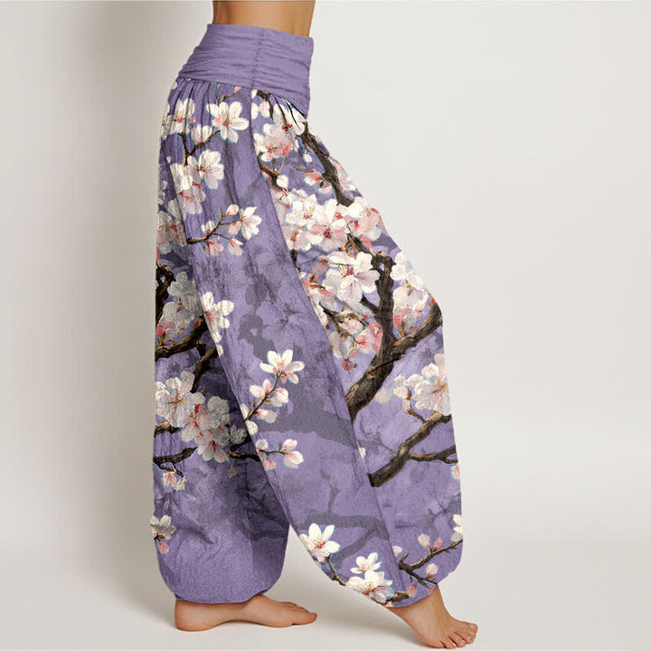 Buddha Stones Pantalon harem à taille élastique pour femme, en coton, motif branches de cerisier en fleurs - image 6