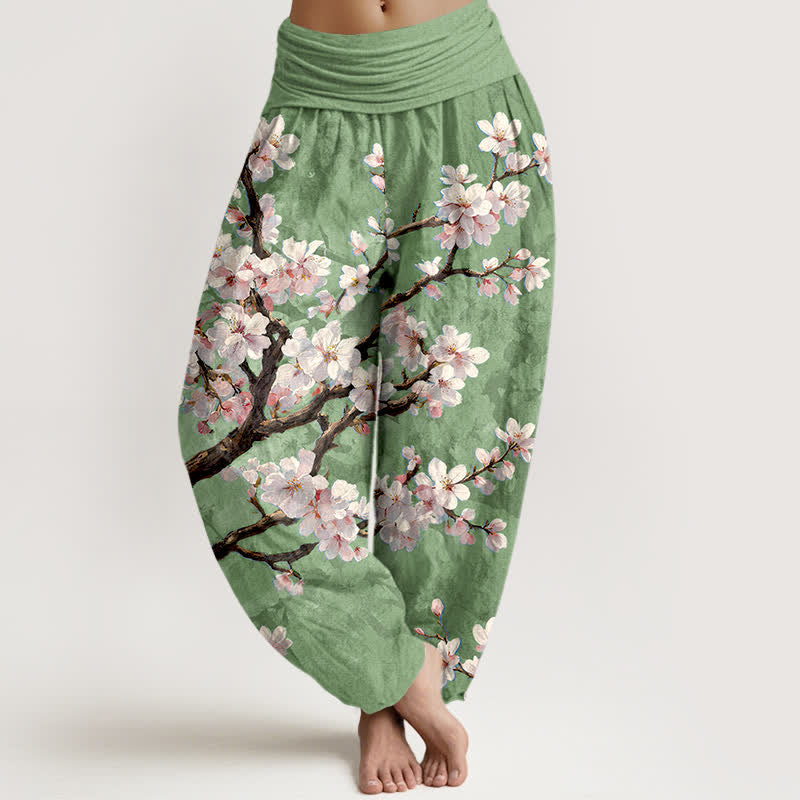 Buddha Stones Pantalon harem à taille élastique pour femme, en coton, motif branches de cerisier en fleurs - Vert clair - US16，UK/AU20，EU48 (3XL) - image 8