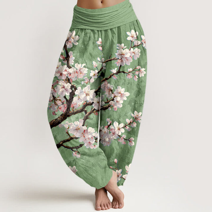 Buddha Stones Pantalon harem à taille élastique pour femme, en coton, motif branches de cerisier en fleurs - Vert clair - US16，UK/AU20，EU48 (3XL) - image 8
