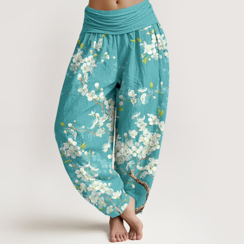 Buddha Stones Pantalon harem à taille élastique pour femme, en coton, motif floral et branches fleuries - Turquoise - US16，UK/AU20，EU48 (3XL) - image 0