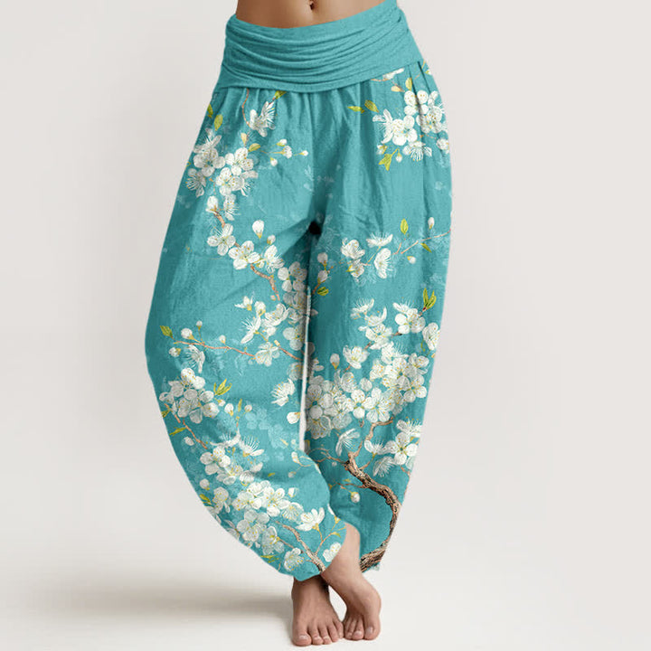 Buddha Stones Pantalon harem à taille élastique pour femme, en coton, motif floral et branches fleuries - Turquoise - US16，UK/AU20，EU48 (3XL) - image 0
