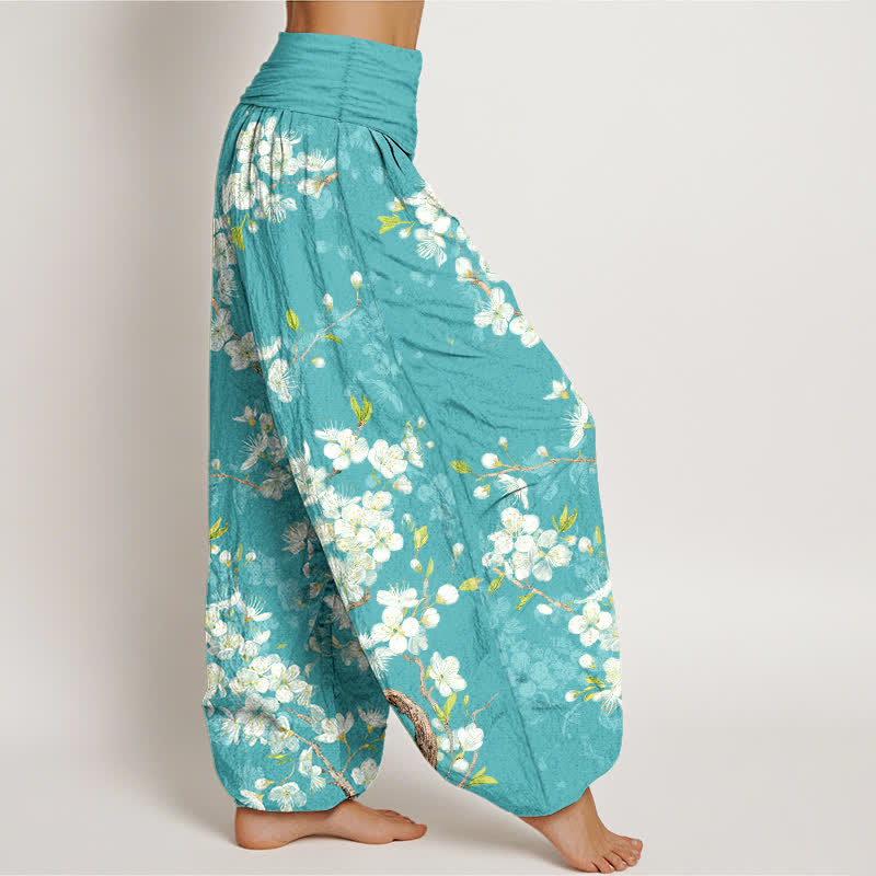Buddha Stones Pantalon harem à taille élastique pour femme, en coton, motif floral et branches fleuries - image 1