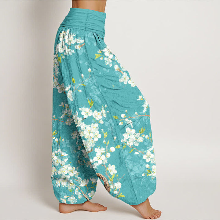 Buddha Stones Pantalon harem à taille élastique pour femme, en coton, motif floral et branches fleuries - image 1