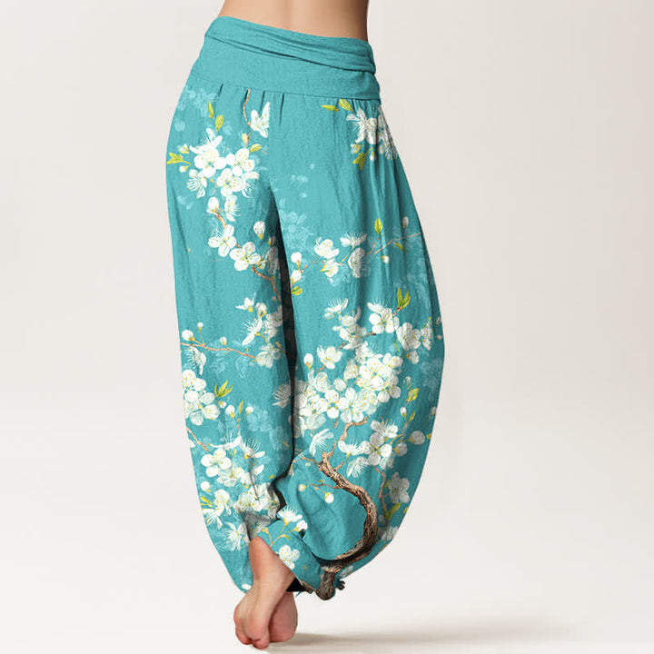 Buddha Stones Pantalon harem à taille élastique pour femme, en coton, motif floral et branches fleuries - image 2