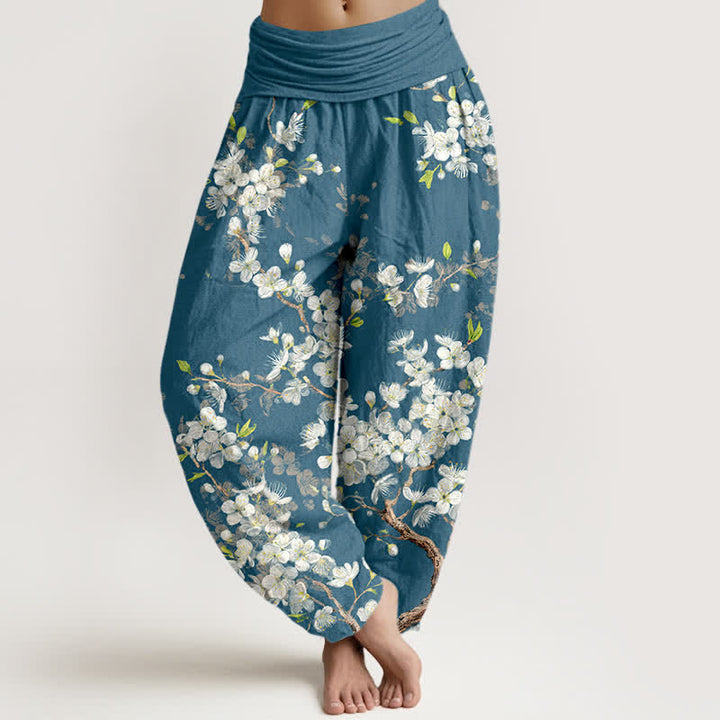 Buddha Stones Pantalon harem à taille élastique pour femme, en coton, motif floral et branches fleuries - CadetBlue - US16，UK/AU20，EU48 (3XL) - image 5