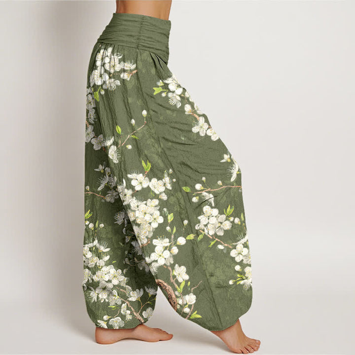 Buddha Stones Pantalon harem à taille élastique pour femme, en coton, motif floral et branches fleuries - image 9