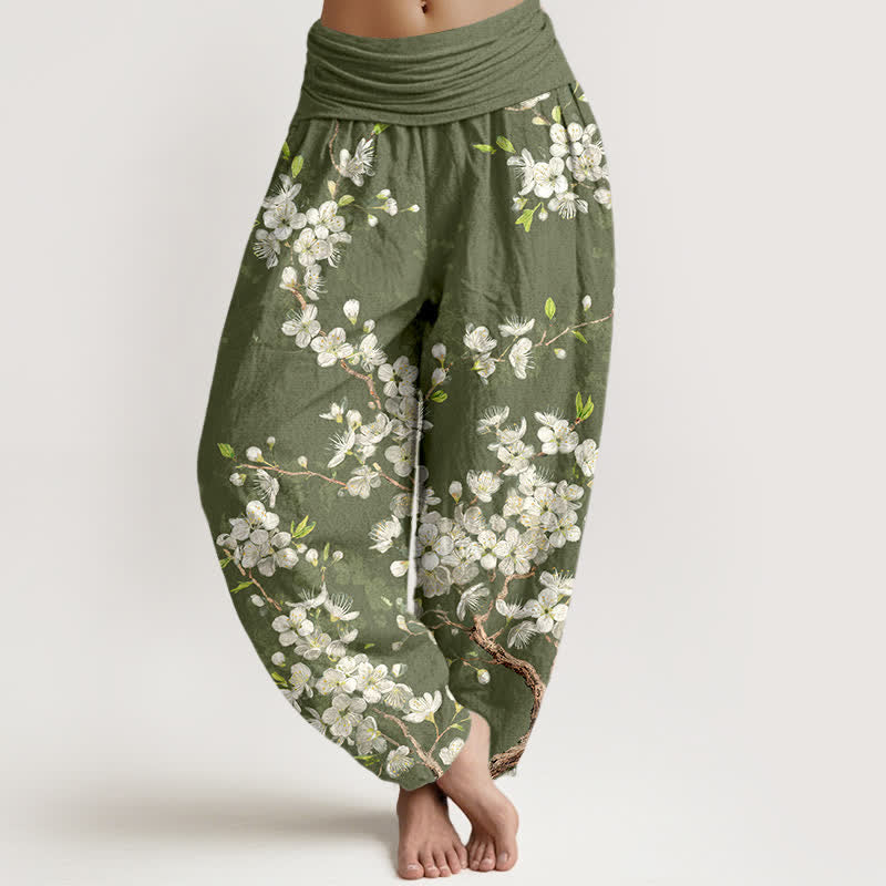 Buddha Stones Pantalon harem à taille élastique pour femme, en coton, motif floral et branches fleuries - Vert olive - US16，UK/AU20，EU48 (3XL) - image 8
