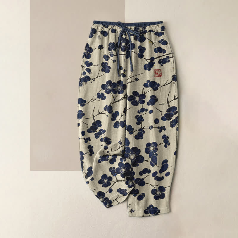 Buddha Stones Pantalon pour femme en pur coton, motif floral indigo, taille élastique et poches - Ivoire - US16，UK/AU20，EU48 (3XL) - image 0