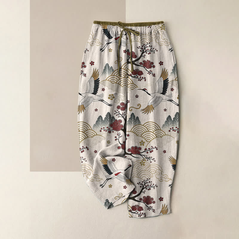 Buddha Stones Pantalon pour femme en pur coton, à taille élastique et poches, orné d'un motif de grues gracieuses et de fleurs de prunier. - Ivoire - US16，UK/AU20，EU48 (3XL) - image 0
