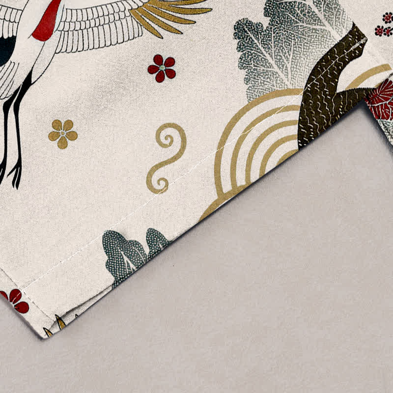 Buddha Stones Pantalon pour femme en pur coton, à taille élastique et poches, orné d'un motif de grues gracieuses et de fleurs de prunier. - image 1